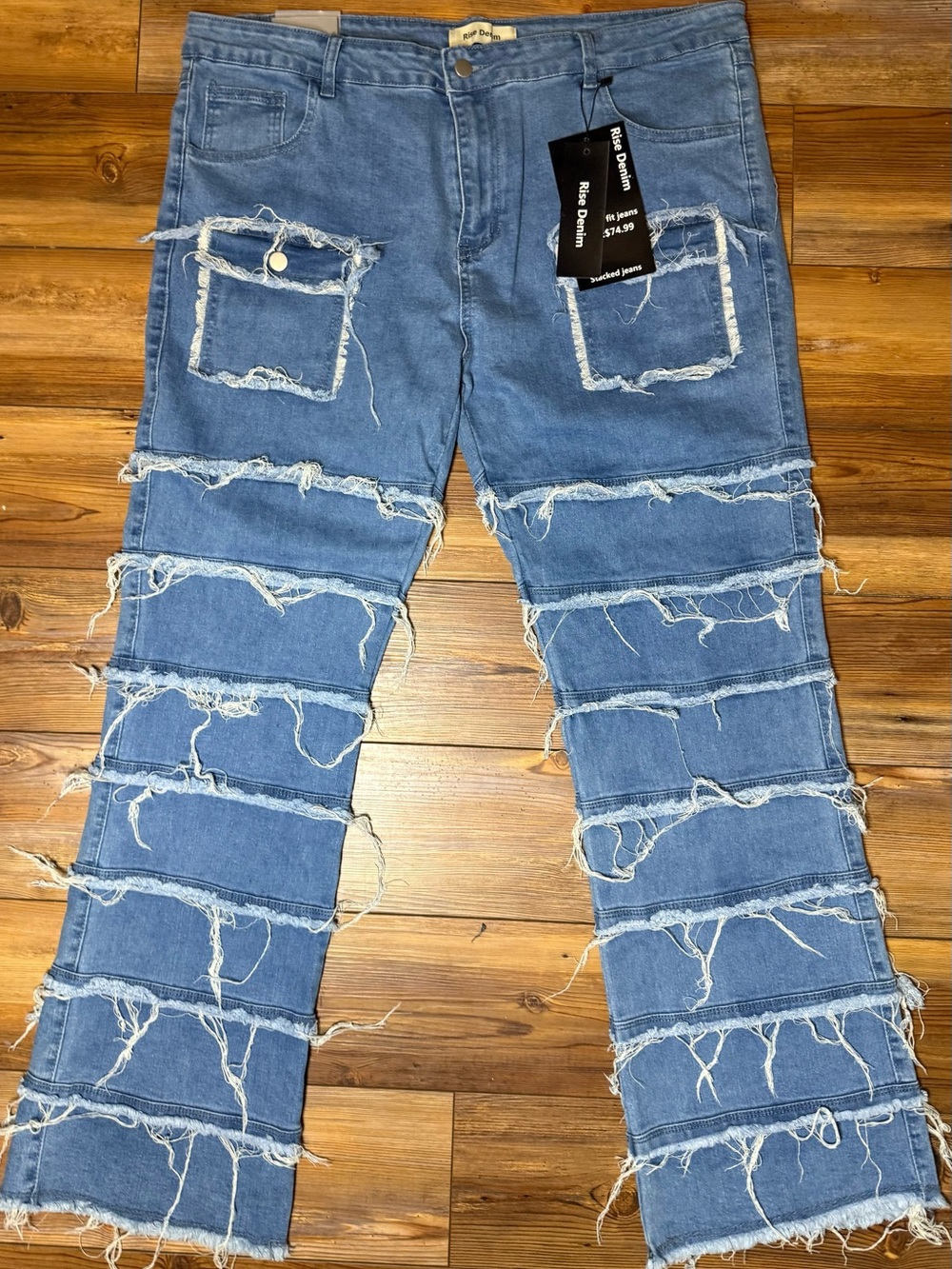 Rise Denim Stacked Jeans Mens 40 Distressed Patchwork Raw Hem Streetwear